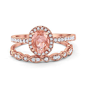 2-Piece Art Deco Wedding Bridal Ring Oval Rose Tone, Simulated Morganite CZ 925 Sterling Silver